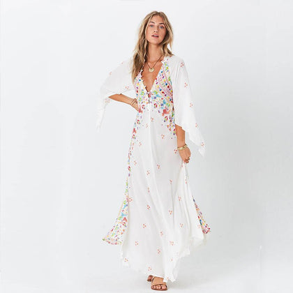 Women Summer Casual Button Long Loose Robe Floral Print Kimono Flare Sleeve Beach Dress