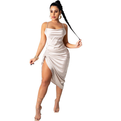 Sexy Satin Slip Dresses For Women Party Cocktail Club Outfits Drawstring Pleated Elegant Midi Dress N35-BI16