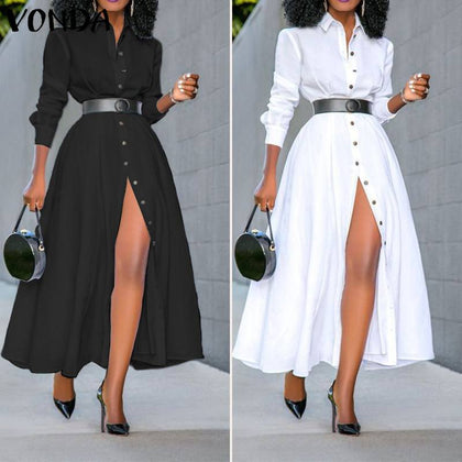 Long Sleeve Shirt Womens Vintage Solid Color Dresses Sexy Split Party Dress