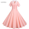 Elegant Fashion Office Dresses For Ladies 2022 New Short Sleeve Notched Retro Party Vintage Beading Womens Summer Dress Pink