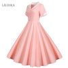 Elegant Fashion Office Dresses For Ladies 2022 New Short Sleeve Notched Retro Party Vintage Beading Womens Summer Dress Pink