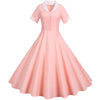 Elegant Fashion Office Dresses For Ladies 2022 New Short Sleeve Notched Retro Party Vintage Beading Womens Summer Dress Pink