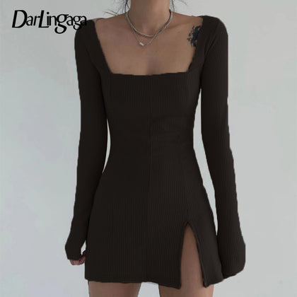 Darlingaga Elegant Square Neck Ribbed Black Dress Female Knitted Side Split Bodycon Long Sleeve Fashion Mini Dresses Basic