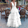 Women Dress Deep V Neck Sleeveless Party Ruffles High Waist Temperament Maxi Dresses