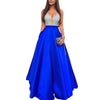 Women's Sequined Long Splice Wedding Party Dress Sleeveless V-neck Blue A-line Elegant Chiffon Dresses Bridesmaid Dinner