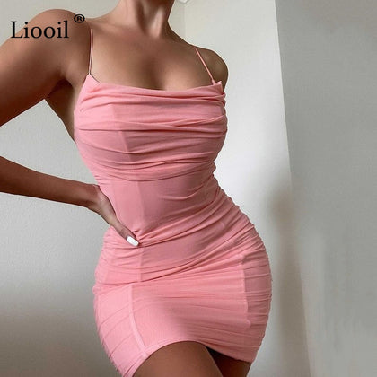 Liooil Sexy Ruched Bodycon Mini Dress Women 2022 Spaghetti Strap Sleeveless Backless Drawstring Khaki Party Tight Short Dresses