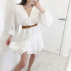 Sexy Deep V Neck Ruffles Chiffon Dress White Lace Lantern Sleeve Mesh Mini Party Dresses Women Evening Elegant Femme Robe