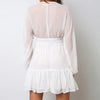 Sexy Deep V Neck Ruffles Chiffon Dress White Lace Lantern Sleeve Mesh Mini Party Dresses Women Evening Elegant Femme Robe
