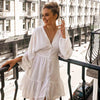 Sexy Deep V Neck Ruffles Chiffon Dress White Lace Lantern Sleeve Mesh Mini Party Dresses Women Evening Elegant Femme Robe