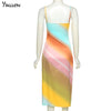 New Multicolor Print Midi Dress V-Neck Spaghetti Sleeveless Slim Stretch Bodycon Streetwear