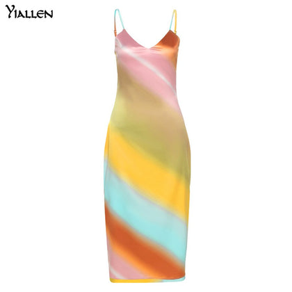 New Multicolor Print Midi Dress V-Neck Spaghetti Sleeveless Slim Stretch Bodycon Streetwear