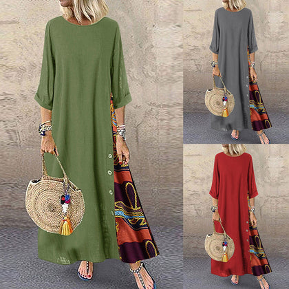 Summer Women Print Patchwork Dress Sexy Boho Casual Sleeves Maxi Dresses