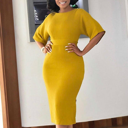 Women Bodycon Slim Elegant Office Ladies Work Wear Short Sleeves Dresses