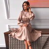 Women Vintage Sashes Satin A-line Dress Lantern Sleeve O Neck Solid Elegant Casual Party 2022 Summer OL New Fashion
