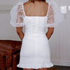 Sexy White Dress Short Puff Sleeve Korean Bodycon Summer Women Square Neck Solid Mini Lotus Leaf Vestidos