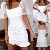 Sexy White Dress Short Puff Sleeve Korean Bodycon Summer Women Square Neck Solid Mini Lotus Leaf Vestidos