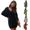 Women Batwing Long Sleeve Sexy V-Neck Backless Solid Belted Wrap Sweater Dress