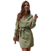 Women Batwing Long Sleeve Sexy V-Neck Backless Solid Belted Wrap Sweater Dress
