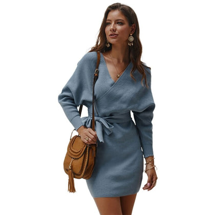 Women Batwing Long Sleeve Sexy V-Neck Backless Solid Belted Wrap Sweater Dress