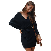 Women Batwing Long Sleeve Sexy V-Neck Backless Solid Belted Wrap Sweater Dress