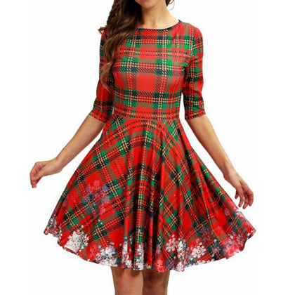 Plaid Snowflake Christmas Round Neck Dress