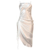 Sexy Satin Slip Dresses For Women Party Cocktail Club Outfits Drawstring Pleated Elegant Midi Dress N35-BI16