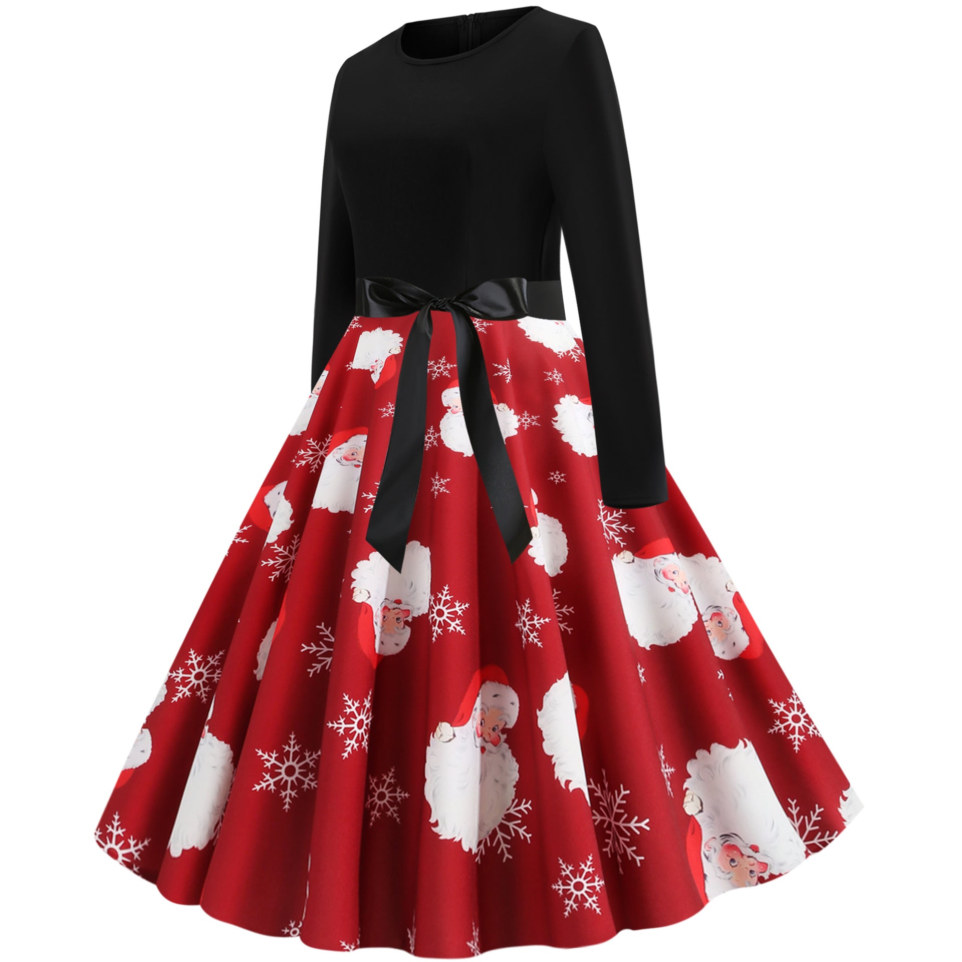 Lattice Snowman Snowflake Berry Print Christmas Long Sleeve Dress