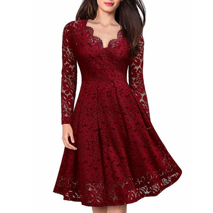 Christmas Dresses Women Lace V-neck Ruffle Hollow Out Midi dresses