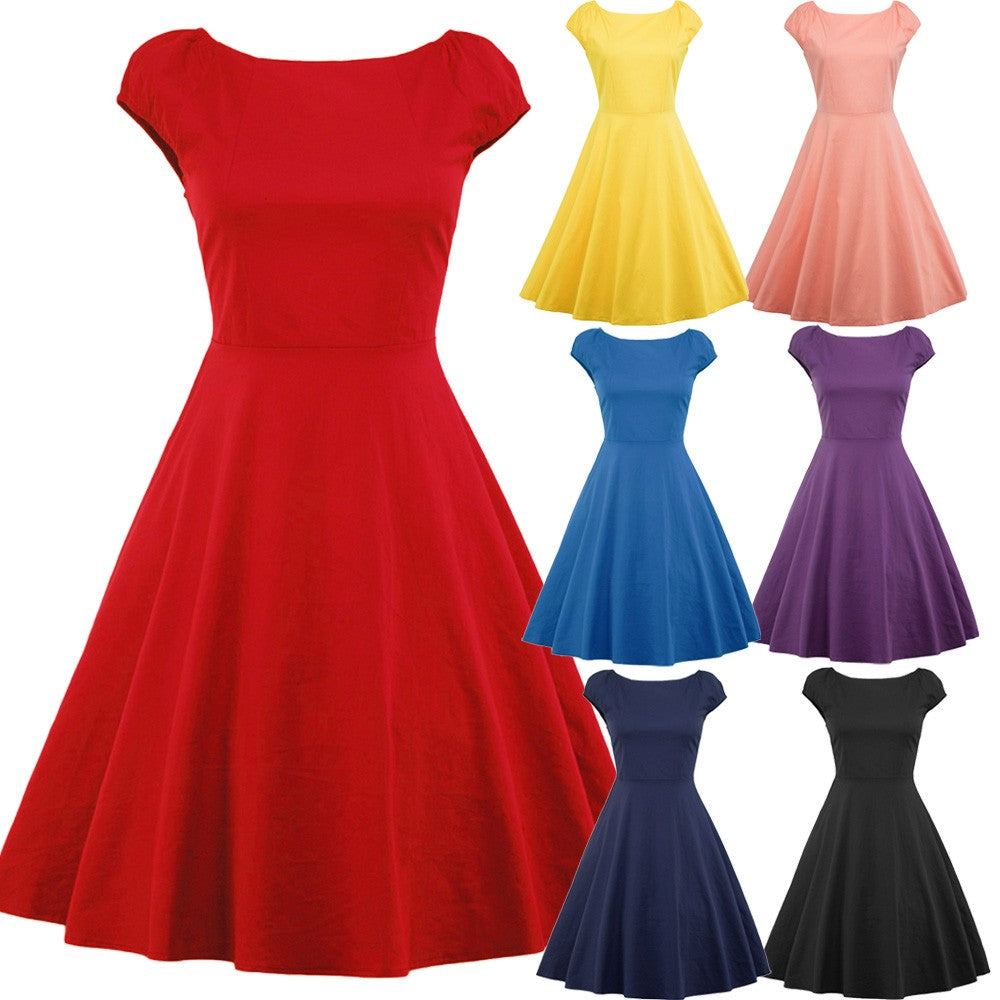Hepburn Vintage Series  Dress Spring And Summer Round Neck Pure Color Design Elastic Sleeve Corset Women Retro Dress