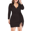 Long Sleeve Cinched Slit Surplice Plus Size Bodycon Dress