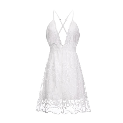 Summer White Sexy Dress Lace V Neck Backless Sleeveless Floral Dresses Spaghetti Strap Bandage Mini Club Party