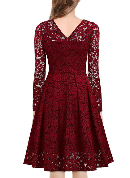 Christmas Dresses Women Lace V-neck Ruffle Hollow Out Midi dresses