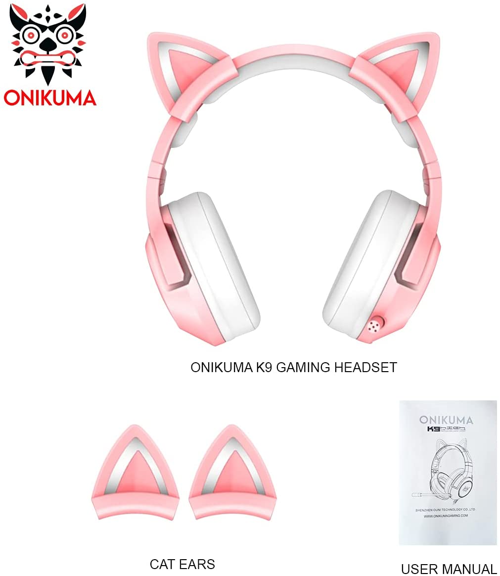 Pink Gaming Headset K9 with 7.1 Virtual Surround Sound and Removable Cat Ear for PS4, PC, Computer, Noise Canceling Retractable Microphone