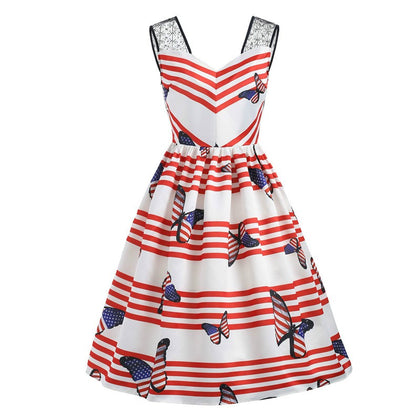 American Flag Butterfly Print Flare Dress