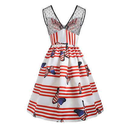 American Flag Butterfly Print Flare Dress