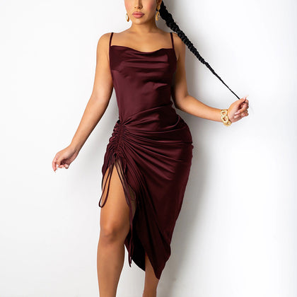 Sexy Satin Slip Dresses For Women Party Cocktail Club Outfits Drawstring Pleated Elegant Midi Dress N35-BI16