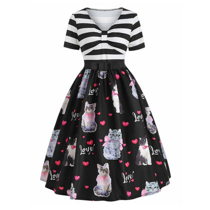 Cat Print A Line Vintage Dress