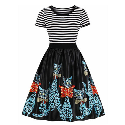 Cartoon Cat Striped Panel A Line Dress