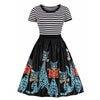 Cartoon Cat Striped Panel A Line Dress